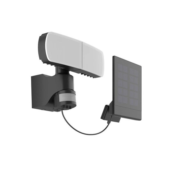 Solar-LED-Außenstrahler mit Bewegungsmelder, zwei verstellbaren Leuchtköpfen und separatem Solarpanel in Schwarz.