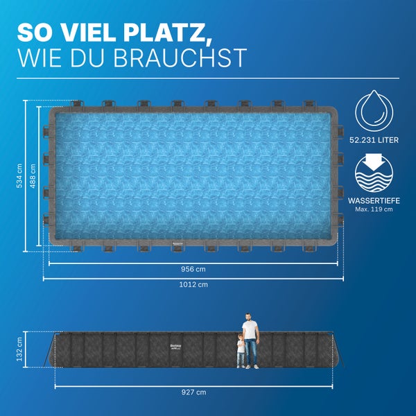 Rechteckiger Bestway Aufstellpool mit Maßen 956 mal 488 Zentimeter Innenmaß, 132 Zentimeter Höhe, 52.231 Liter Volumen und 119 Zentimeter Wassertiefe.