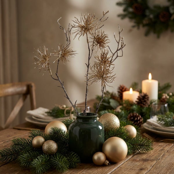 Weihnachtliche Tischdekoration mit Vase, Zweigen, Christbaumkugeln und Tannengrün auf einem Holztisch.