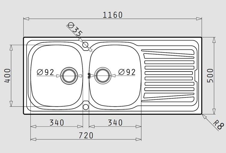 Technische Zeichnung einer Spüle mit Doppelbecken und Abtropffläche mit Maßangaben