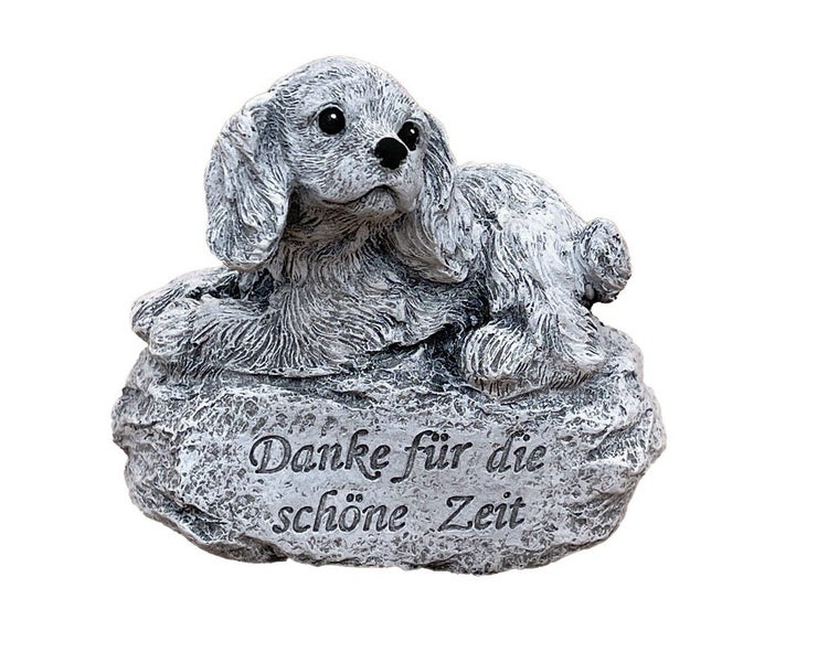 Gedenkstein für Haustiere als Hundefigur mit der Inschrift Danke für die schöne Zeit aus wetterfestem Kunststein für den Garten