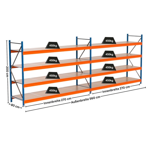 Lagerregal mit vier Ebenen und Gewichtsangaben