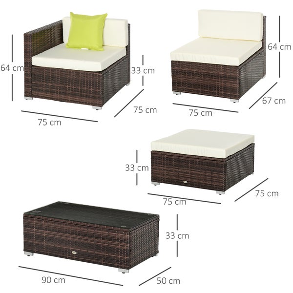 Outsunny 5-tlg. Polyrattan Gartenmöbel Set Gartengarnitur Loungeset Loungemöbel Garten-Set Sitzgruppe mit Beistelltisch Kissen Braun