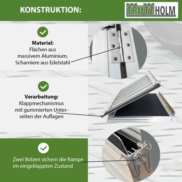 Trutzholm Logo, Infografik zur Konstruktion der Aluminiumrampe mit Edelstahlscharnieren, Klappmechanismus und Sicherungsbolzen.