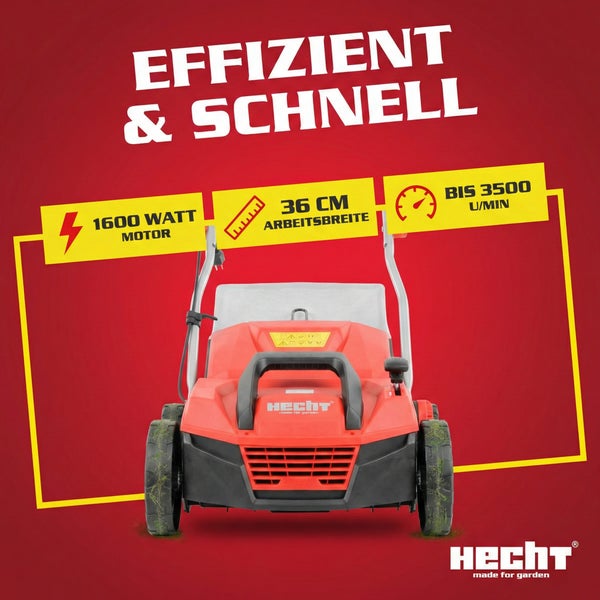 Hecht Rasenmäher mit 1600 Watt Motor, 36 Zentimeter Arbeitsbreite und bis zu 3500 Umdrehungen pro Minute