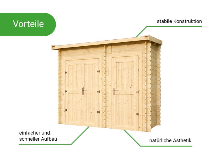 Gartenhaus aus Holz mit Doppeltür und Einzeltür, Vorteile wie stabile Konstruktion, einfacher Aufbau und natürliche Ästhetik.