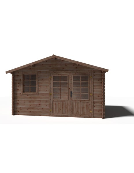 Blockbohlenhaus aus Holz mit Satteldach, einer Doppelflügeltür mit Fensterausschnitten und einem Einzelfenster an der Front.