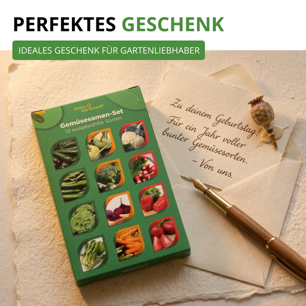 Gemüsesamen-Set mit 12 Sorten von Deine Gartenwelt als Geschenk für Gartenliebhaber, präsentiert mit Geburtstagskarte und Füllfederhalter.