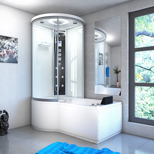 Technische Zeichnung einer Duschkabinen-Badewannen-Kombination mit Maßangaben in Zentimeter.