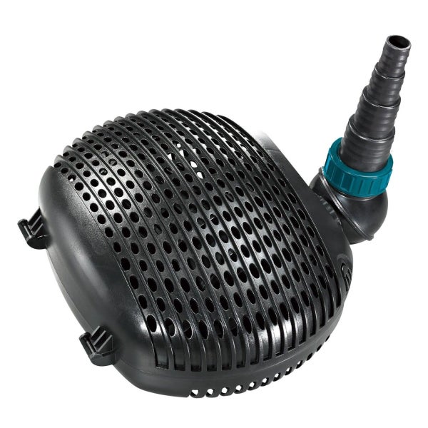 Schwarze Teichpumpe aus Kunststoff mit perforiertem Filtergehäuse und Schlauchanschluss für Bachläufe und Filter.