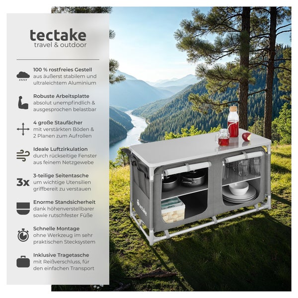 Campingschrank Komfort mit 4 Fächern tectake  97 x 47,5 x 56,5 cm faltbar grau