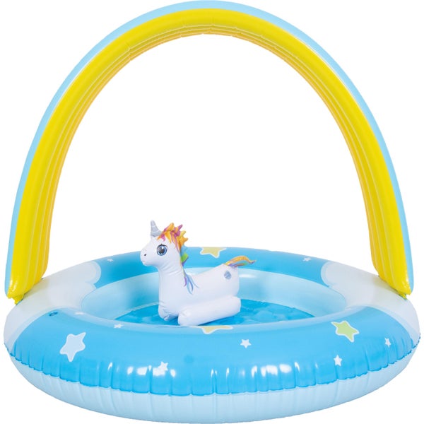 Aufblasbares Planschbecken mit integriertem Sonnenschutz in Regenbogenoptik und aufblasbarem Einhorn für Kinder.