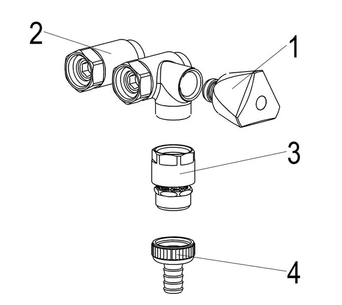 Explosionszeichnung eines Ventils mit nummerierten Komponenten von 1 bis 4 für die Montage.