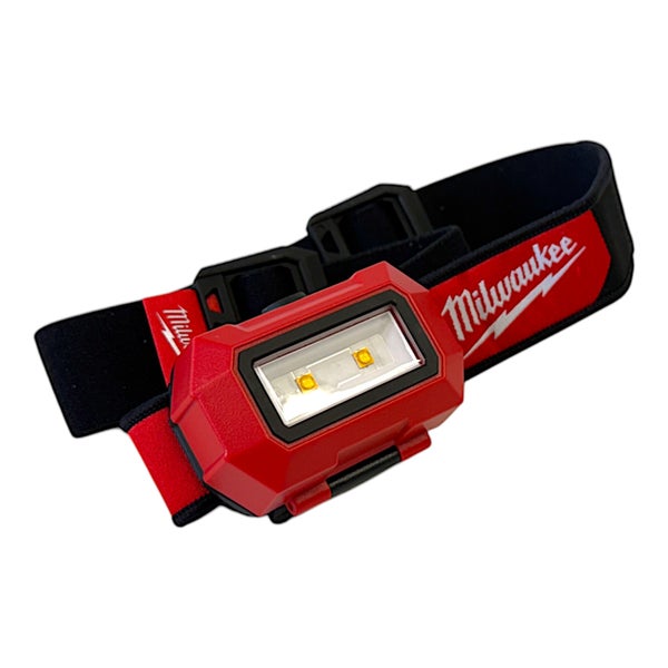 Milwaukee LED Stirnlampe aus Kunststoff mit verstellbarem Kopfband und Milwaukee Logo.