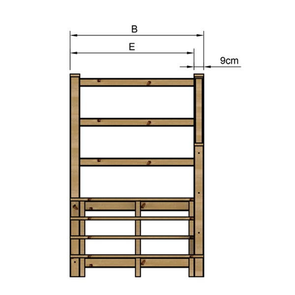 Technische Zeichnung eines Holzregals mit Maßangaben