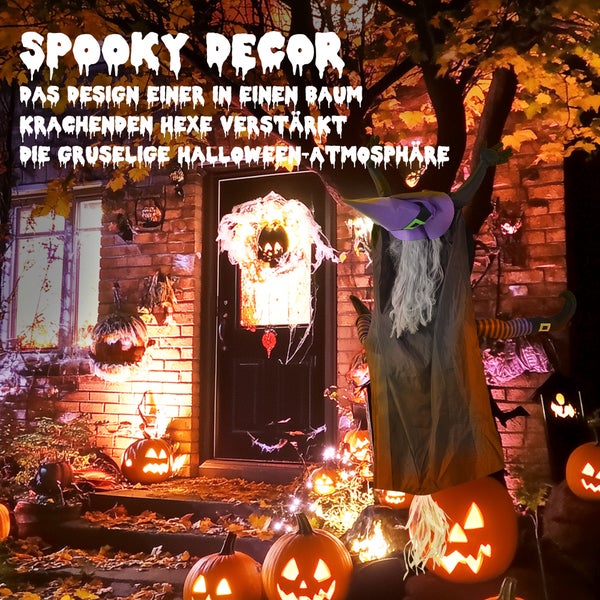HOMCOM 170cm Halloween Dekoration Halloween Fliegende Hexe, Haustür Deko, Garten Dekofigur in Lebensgröße für Party Baumstämme Säulen, Stahl
