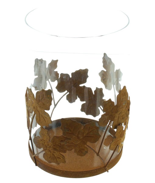 Windlicht aus Glas mit Blätterdekor aus Metall