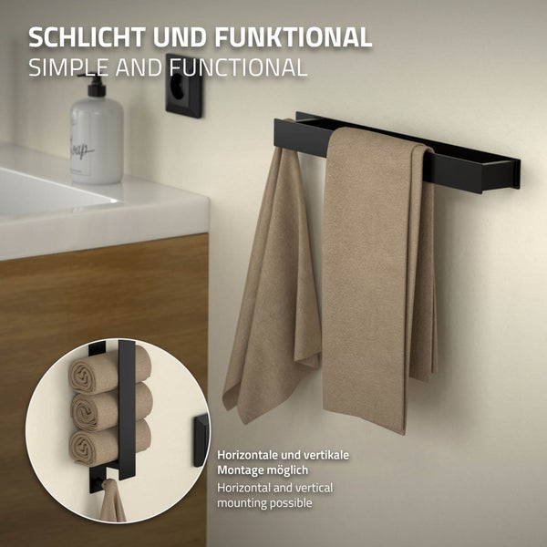ML-Design Handtuchhalter ohne Bohren 42 cm mit Haken, Schwarz, aus Stahl, Wandmontage, Badetuchhalter, Handtuchstange Wand zum kleben für Bad & Küche, Moderne Wandhalter selbstklebend für Handtücher