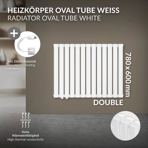 ML-Design Paneelheizkörper 600 x 780 mm Weiß Doppellagig mit Heizstab 600W, Horizontaler Heizkörper Ovale Röhren, Design Badheizkörper Seitenanschluss, Designheizkörper Röhrenheizkörper Bad Heizung