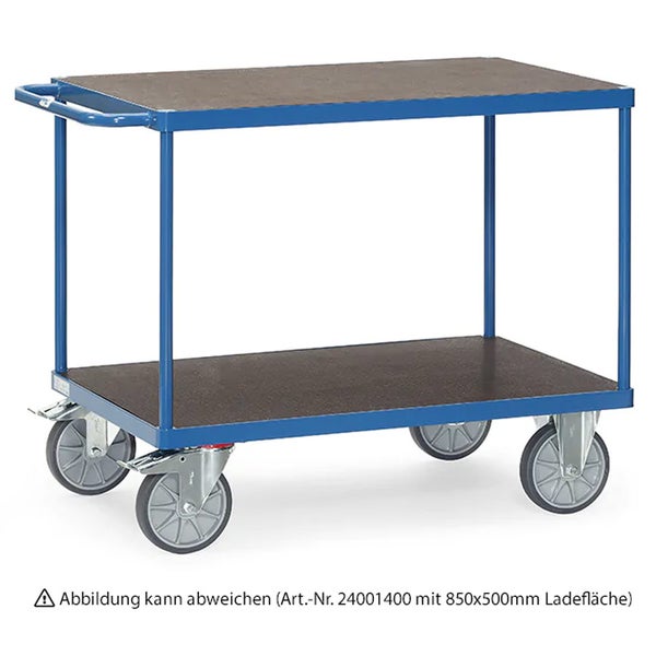 Blauer Transportwagen mit zwei Ladeflächen und vier Rädern