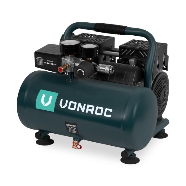 VONROC Leiser Luftkompressor – Ölfrei – 750 W – 1 PS – 128 l/min. - 6-Liter-Tank – 8 bar – 57,5 dB(A) – Leise – Geräuscharm - Grau