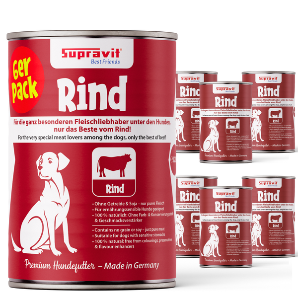 Sechserpackung Supravit Best Friends Rind Hundefutter im roten Behälter