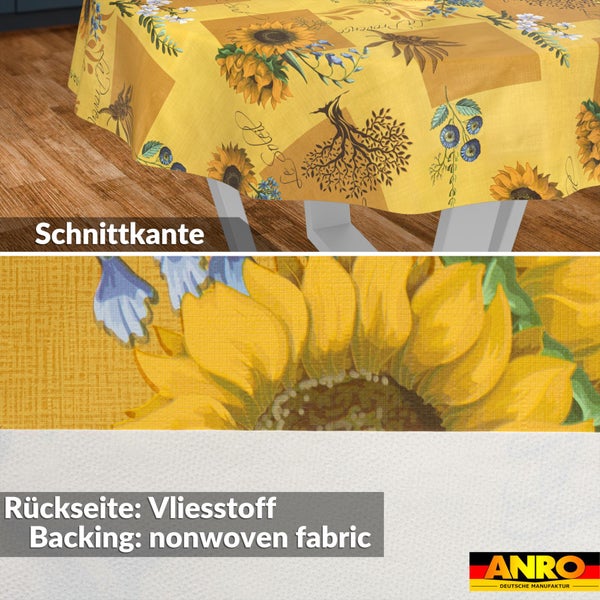 Gelbe abwaschbare Tischdecke mit Sonnenblumen-Muster, Detailansicht der Schnittkante und der Vliesstoff-Rückseite, ANRO Logo.