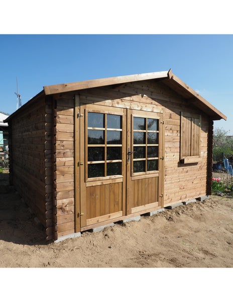 Technische Zeichnung mit Maßangaben für ein Holzgartenhaus mit Doppeltür, Fenster und Satteldach.