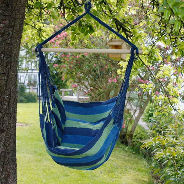 ECD Germany Hängesessel Blau/Grün mit Gestell Weiß 208 cm, Hängestuhl Hängeschaukel aus Baumwolle mit 2 Kissen bis 120 kg, Freistehendes Hängesesselgestell Metall Hängestuhlgestell Hängesitz Ständer