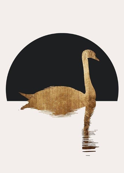 Wandbild mit goldener Schwan-Silhouette und Spiegelung im Wasser vor einem schwarzen Halbkreis.