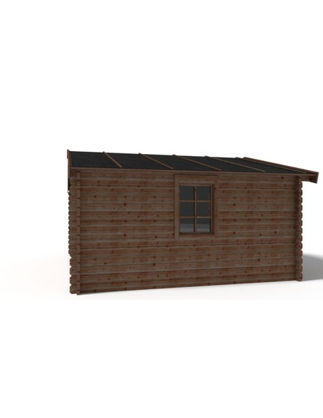 Gartenhaus aus Holz mit Pultdach und einem Fenster mit Sprossen.