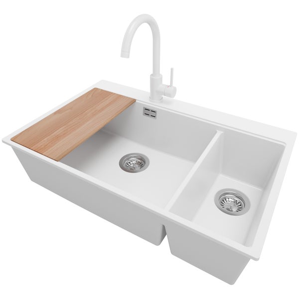 PRIMAGRAN Granitspüle Weiß 78x50cm, Spülbecken 2 Becken + Küchenarmatur 32x20cm + Ablauf-Set + Schneidebrett, Küchenspüle ab 80er Unterschrank - Oslo Duo