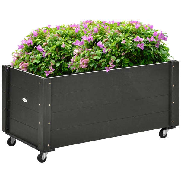 Outsunny Hochbeet Massivholz, Pflanzbeet mit Rollen, Frühbeet Gartenbeet Blumenkasten, Pflanzkasten Pflanzkübel 89x48x47cm für Garten, Terrasse, Blumenkübel für Kletterpflanzen, Blumen, Schwarz