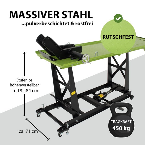 Motorradhebebühne aus Stahl, pulverbeschichtet und rostfrei, mit einer Tragkraft von 450 kg und einer stufenlosen Höhenverstellung von circa 18 bis 84 cm
