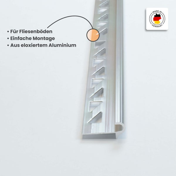 Fliesenprofil aus eloxiertem Aluminium für Fliesenböden, einfache Montage, hergestellt in Deutschland.