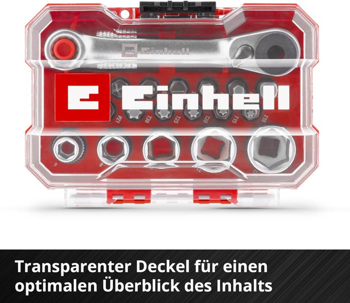 Einhell XS-CASE 21-tlg. Bit- und Steckschlüssel-Set (25-mm-Bits, Steckschlüssel, Schnellwechselbithalter, Adapter, Umschaltknarre inkl. Aufbewahrungsbox)