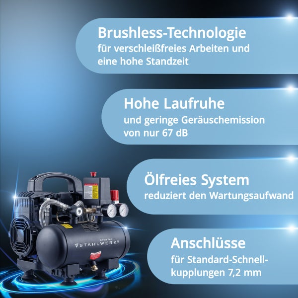 STAHLWERK ST-38 PRO Kompressor mit Brushless-Technologie, geringer Geräuschemission und ölfreiem System