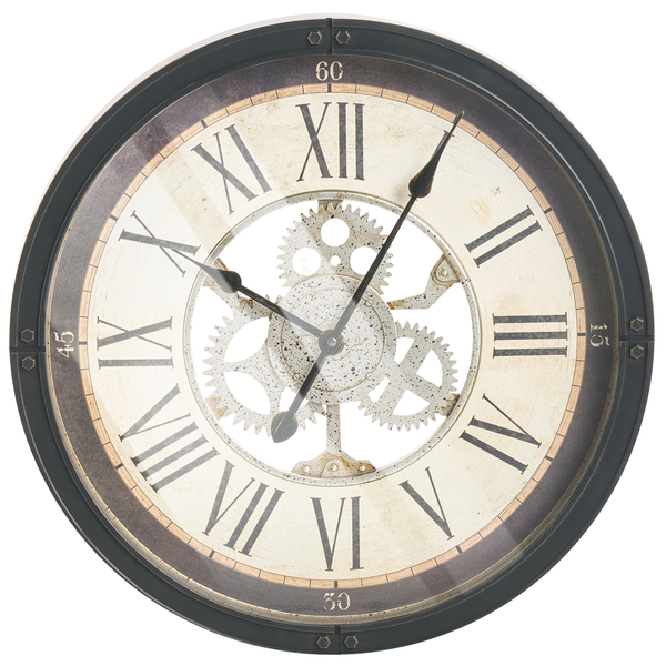 Dekorative Wanduhr mit römischen Ziffern und sichtbarem Uhrwerk