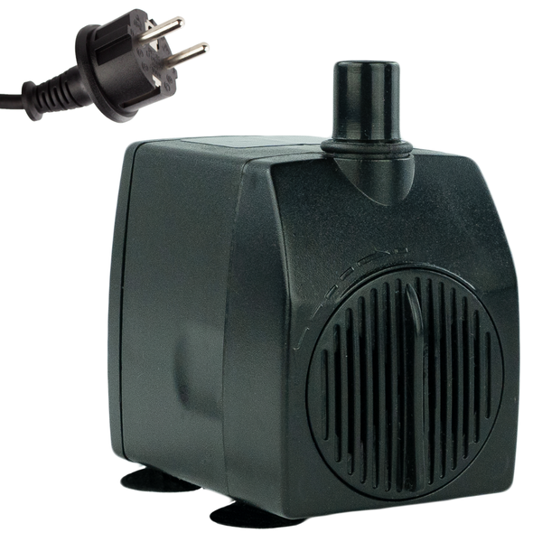 Schwarze Tauchpumpe für Teiche aus Kunststoff mit Netzstecker und Saugnäpfen.