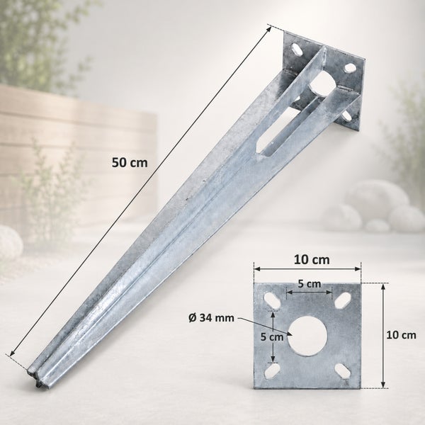 Feuerverzinkter Einschlagbodenhülse mit quadratischer Platte, 50 cm lang, 10 x 10 cm Platte mit 34 Millimeter Öffnung.