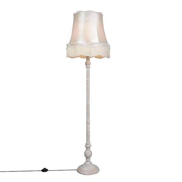 QAZQA - Retro Graue Stehlampe mit Granny-Lampenschirm Creme - Classico I Wohnzimmer I Schlafzimmer - Holz Rund - LED geeignet E27
