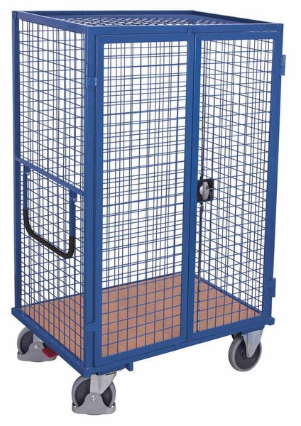 Blauer Paketwagen aus Drahtgitter mit zwei Türen, Holzoberfläche und vier Rollen für den Transport.