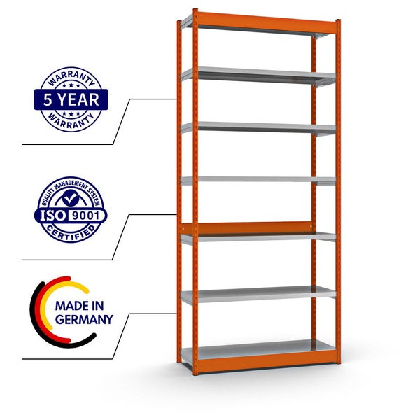 PROREGAL Fachbodenregal Stecksystem Vierkant-Profil Grundregal HxBxT 300 x 132,5 x 40 cm 7 Ebenen Einseitige Bauart Fachlast 200 kg Orange