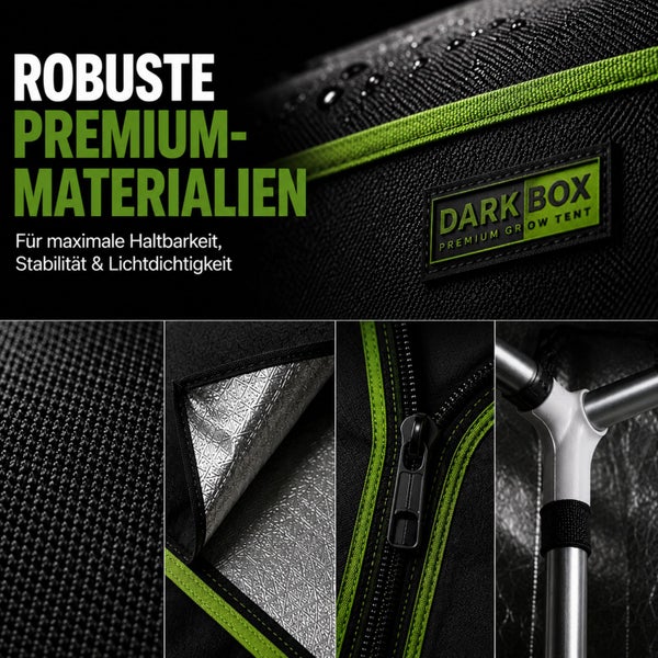 Dark Box Logo auf wasserabweisendem Stoff, Details von reflektierender Innenseite, robustem Reißverschluss und stabiler Rahmenverbindung.