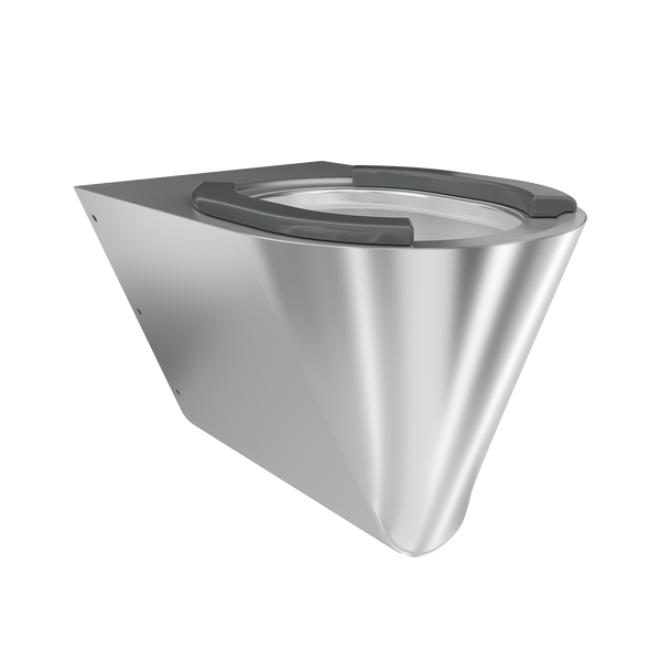 Wand-WC aus Edelstahl mit grauem Sitz, moderne konische Form.