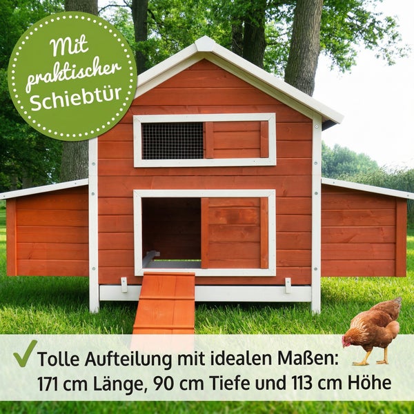 Hühnerstall aus Holz mit Schiebetür, Rampe und Nistkästen. Maße: 171 cm Länge, 90 cm Tiefe und 113 cm Höhe.