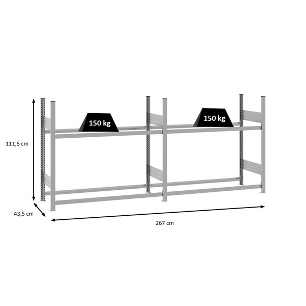 Metallregal, 111,5 Zentimeter hoch, 267 Zentimeter breit, 43,5 Zentimeter tief, Tragkraft 150 Kilogramm pro Ebene