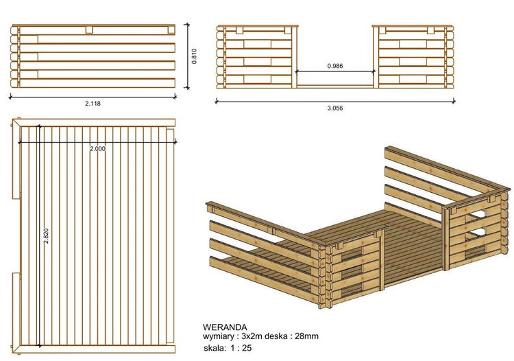 Veranda zum Gartenhaus 3x2 m - Farbe Braun - Imprägniert