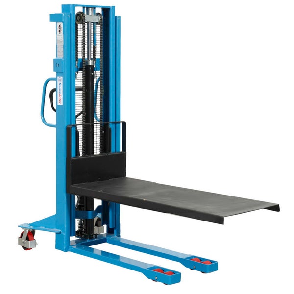 Blauer Handgabelhubwagen mit einer Tragfähigkeit von einer Tonne.