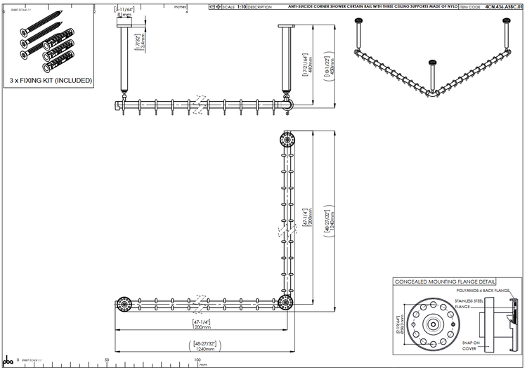 Technische Zeichnung einer Winkel-Duschvorhangstange mit drei Deckenstützen, inklusive Befestigungsmaterial und Maßen in Millimetern.